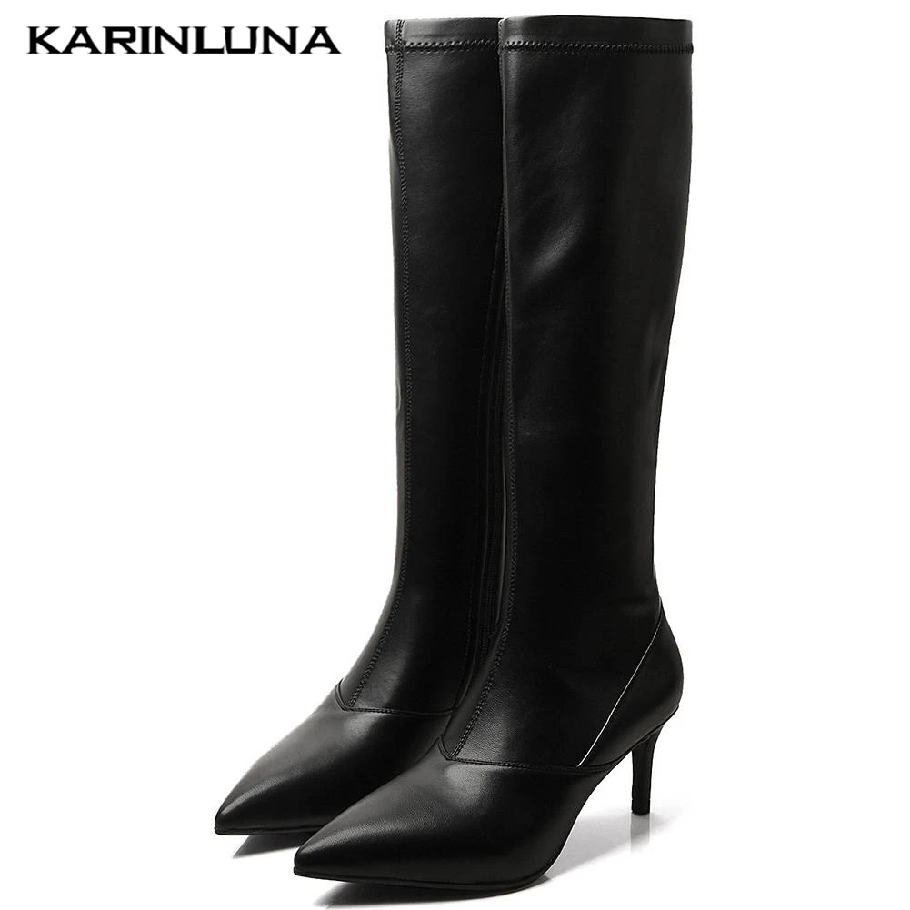 

Karinluna 2019 Brand Elegant Genuine Leather Sexy Party Shoes Woman Boots Women Thin High Heels Knee High Boots Female Shoes