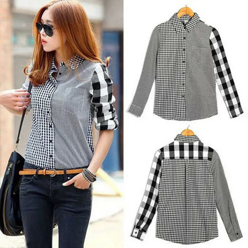 Одежда модная женская OL клетчатая рубашка с длинным рукавом и отворотом