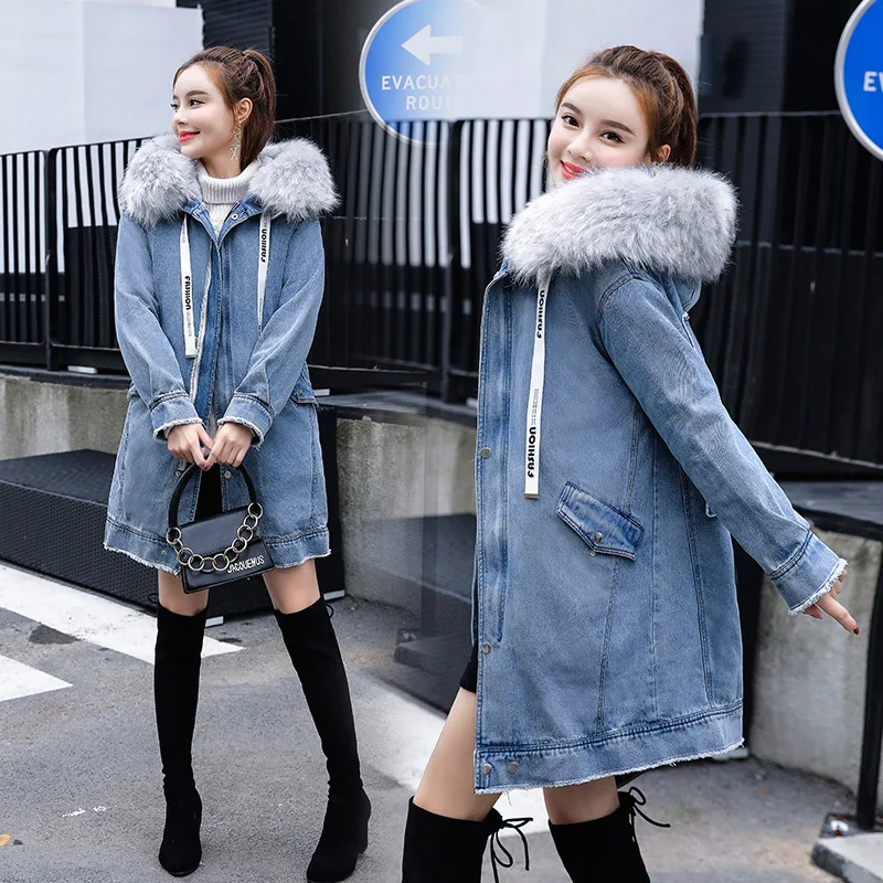 

Early Winter Coat Women's BF Loose-Fit Mid-length Large Fur Collar Cotton-padded Clothes Thick Splittable plus Velvet Cowboy Cot