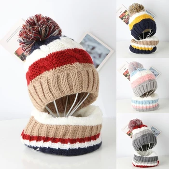

Kids Winter Cable Knit Beanie Hat Scarf Set Pompom Stripes Plush Lined Skull Cap