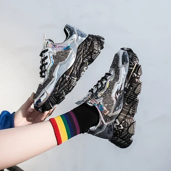 

2020 Spring Women Platform Sneakers Silver Luxury Designers Leather Casual Shoes Fashion Womens Lace Up Chunky Shoes Woman