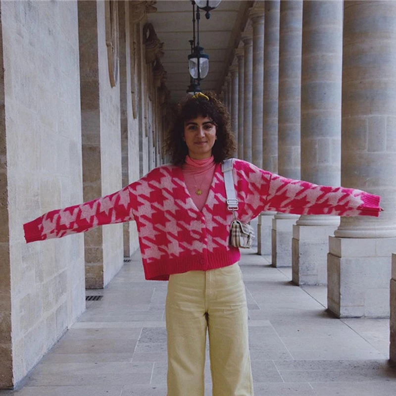 Sweet Pink Houndstooth Cardigans Women ...