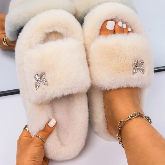 Fluffy Slippers Women Crystal Flower Decor Furry Sandals Elegant Ladies Home Flip Flops Faux Fur Slides Luxury Designer Shoes Beige7