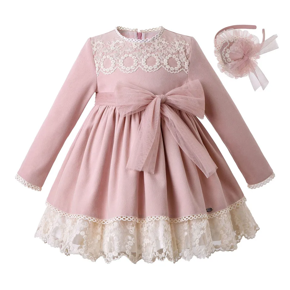 Pettigirl/осеннее розовое платье для девочек с кружевом+ головной убор; платья принцессы с бантом для девочек; свадебная одежда; одежда для детей; G-DMGD206-A339
