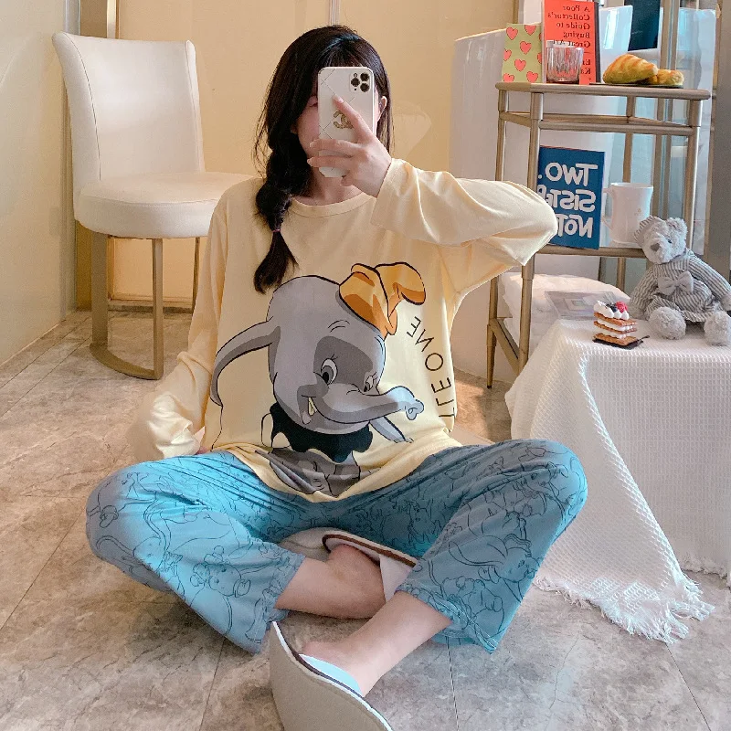 Pajam Cartoon Mickey Minnie Duck Tigger Pajamas Women Spring Autumn Long Sleeve Student Cute Loose Pajamas 2pcs Suit 5