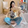 Pajam Cartoon Mickey Minnie Duck Tigger Pajamas Women Spring Autumn Long Sleeve Student Cute Loose Pajamas 2pcs Suit 5