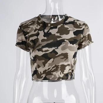 

Sexy Hollow Out Camouflage Cropped t shirt Women Summer O-neck Back Ripped female Military Crop Top Short t-shirt