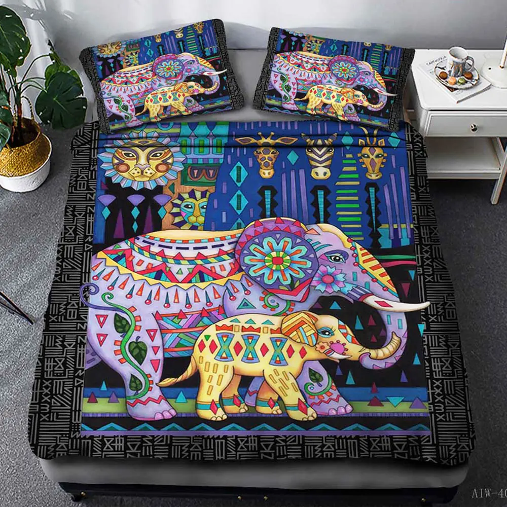 

Nation Elephant Bedding Set Queen Size Duvet Cover Single Double Lotus Flower Bed Cover Bohemian Floral Bedclothes 3pcs