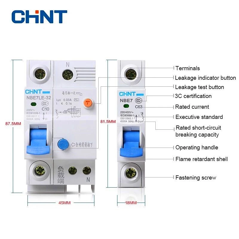 CHINT Leakage Switch Circuit Breaker NBE7LE 1P + N 16A 20A 25A 32A 40A 63A  Leakage Circuit Breaker Electric Shock Protector