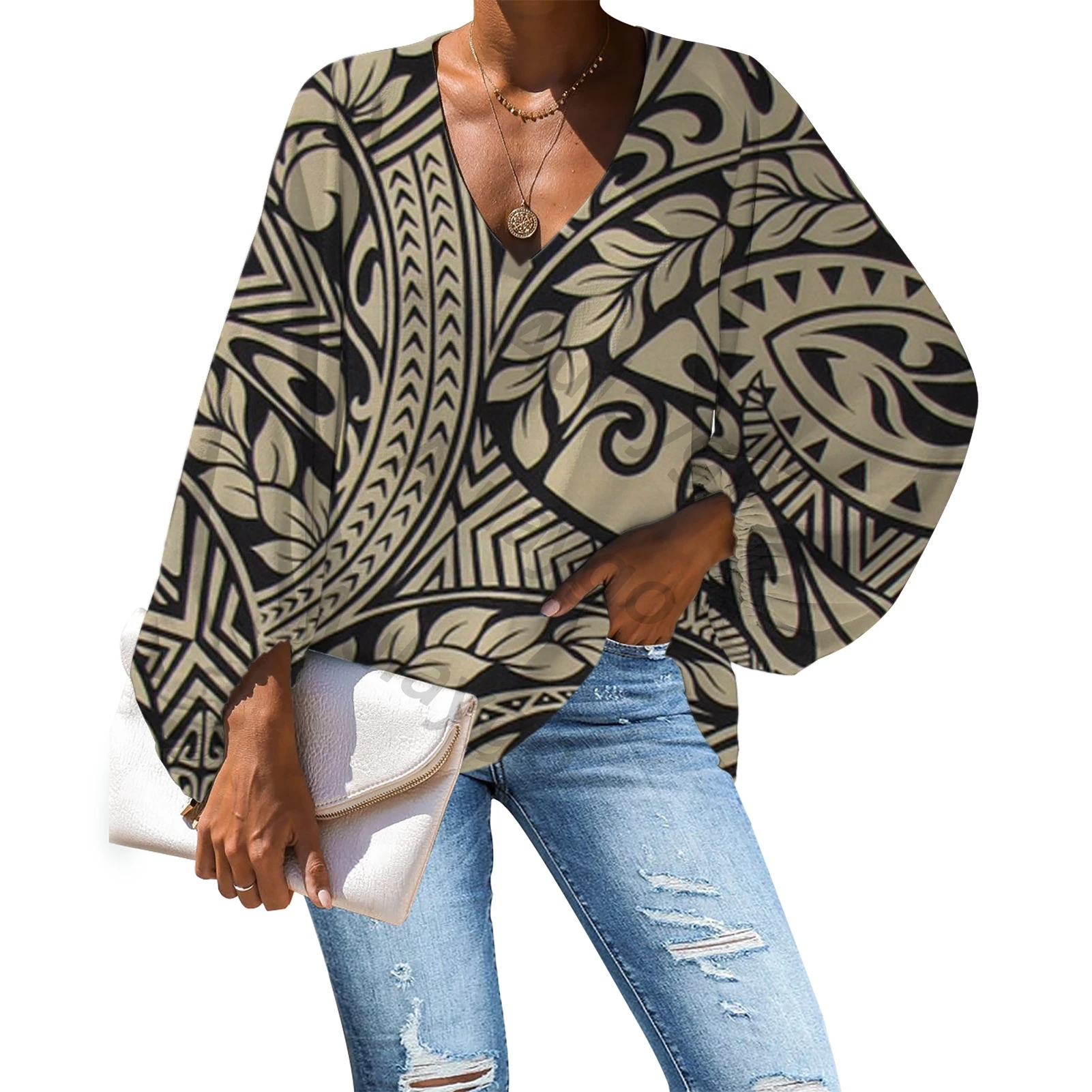 

Polynesia Print Ladies Blouse V-neck Breathable Chiffon Girls Tango Style Summer Clothes Casual Loose Female Long Sleeve Tops