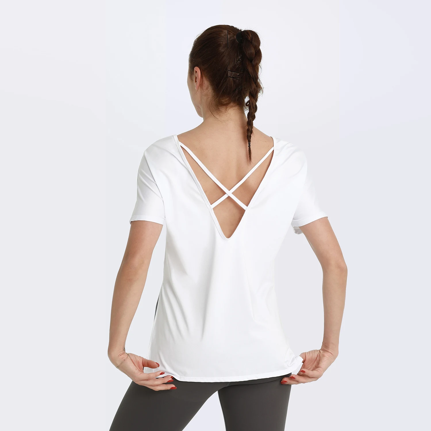 F.DYRAA Women Hollow Back Yoga Shirts Short Sleeve Top Sports T-Shirts Quick Dry Breathable Gym Shirts Female Fitness Sportswear