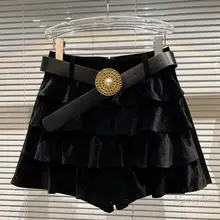 Calções de veludo preto para a mulher 2021 outono e inverno cintura alta emagrecimento a line plissado ajuste fino curto flouned senhora