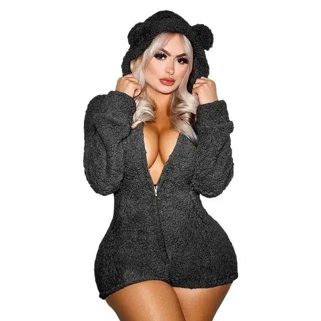 JRRY Casual Women Faux Fur Jumpsuits Long Sleeves Zippers Pockets Furry  Hooded Bodysuit Solid Pattern Warm Fluffy Outdoor Wear