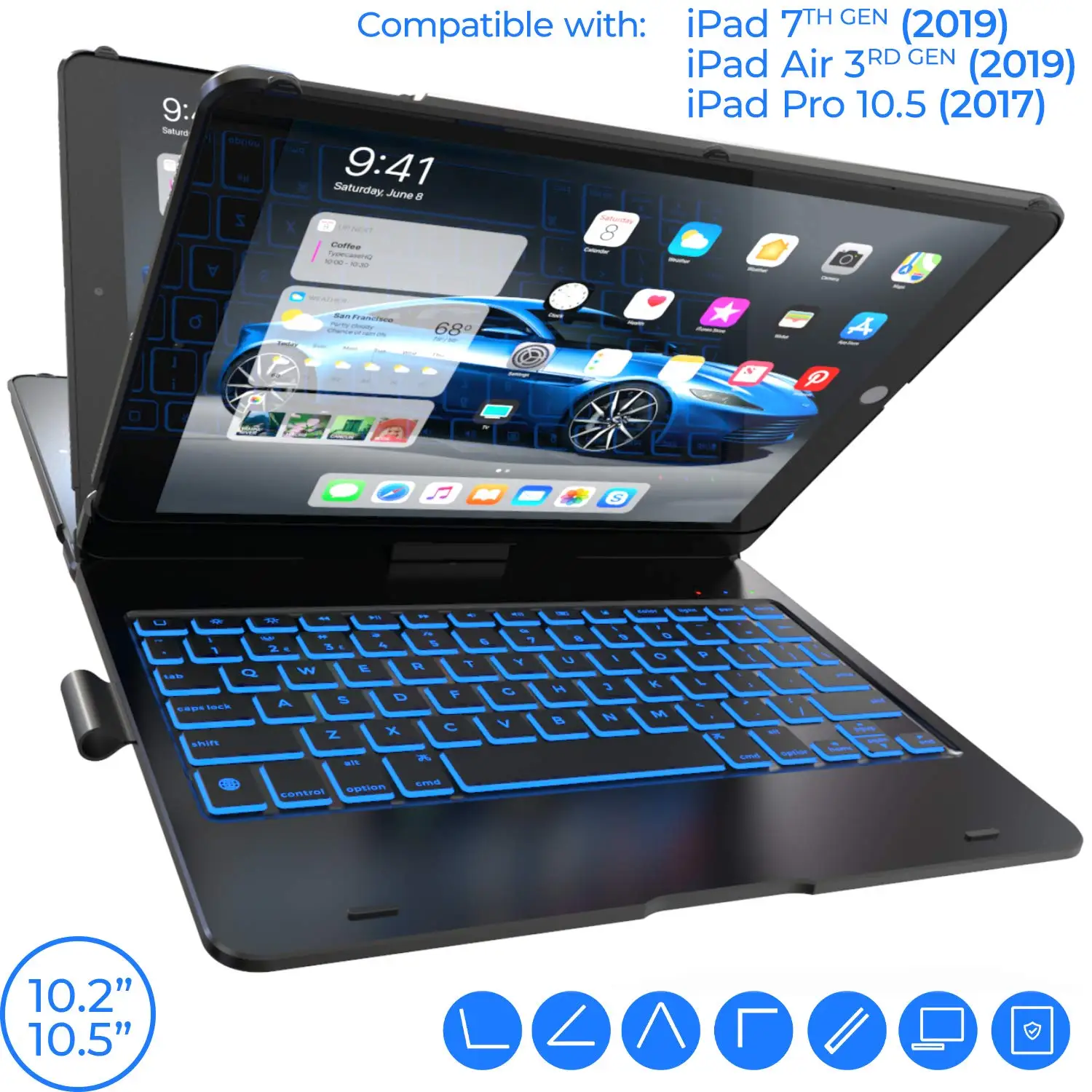 

iPad Keyboard Case for iPad 10.2 2019, iPad Air 10.5 2019, iPad Pro 10.5 2017 - Backlit - 360 Rotatable - Wireless - iPad