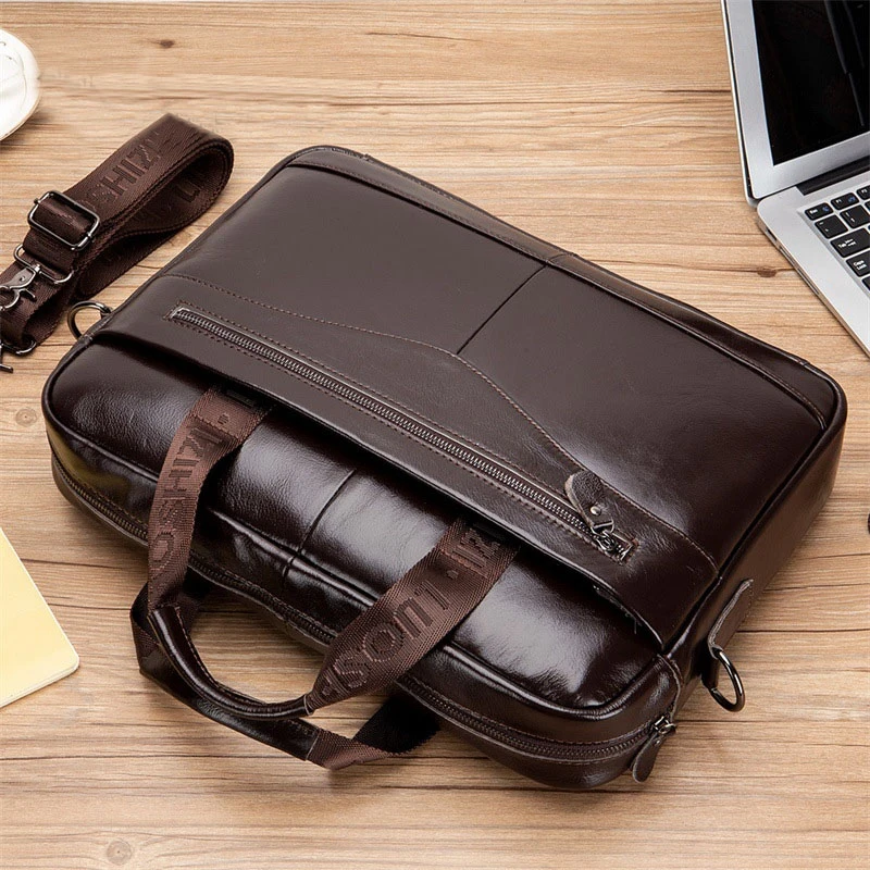 Men's Genuine Leather briefcase vintage man 14'' laptop bag Handbags Crossbody Bags office bags for men Bussiness Briefcase