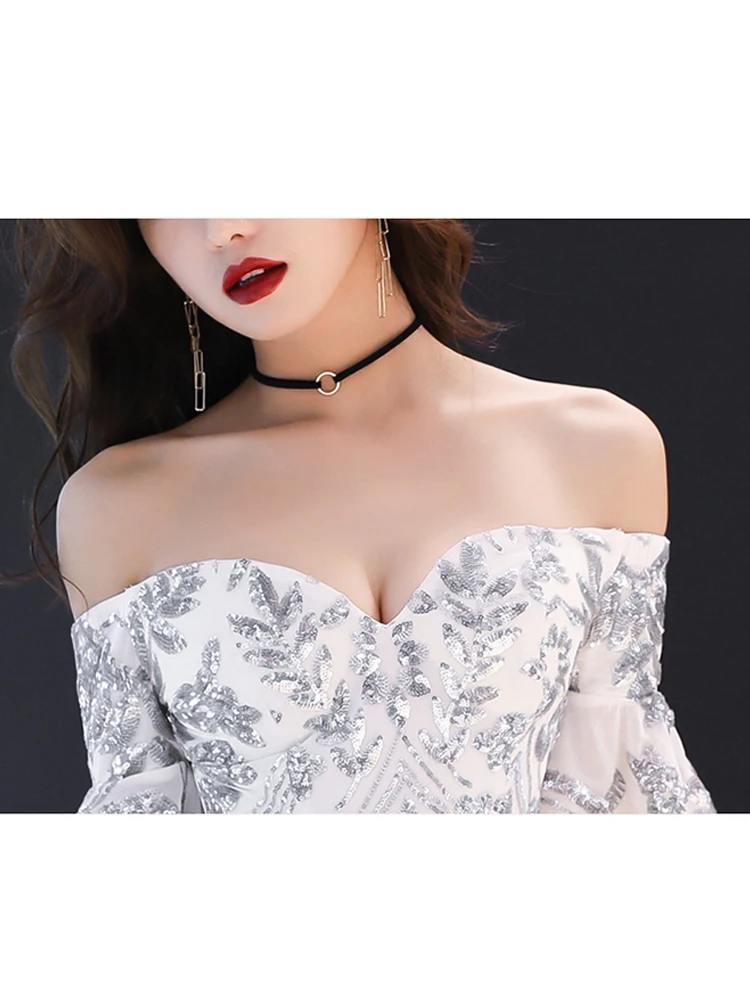 Вечернее платье, с вырезом лодочкой; Robe De Soiree с открытыми плечами Для женщин Платья для вечеринок с половинными рукавами, блестками