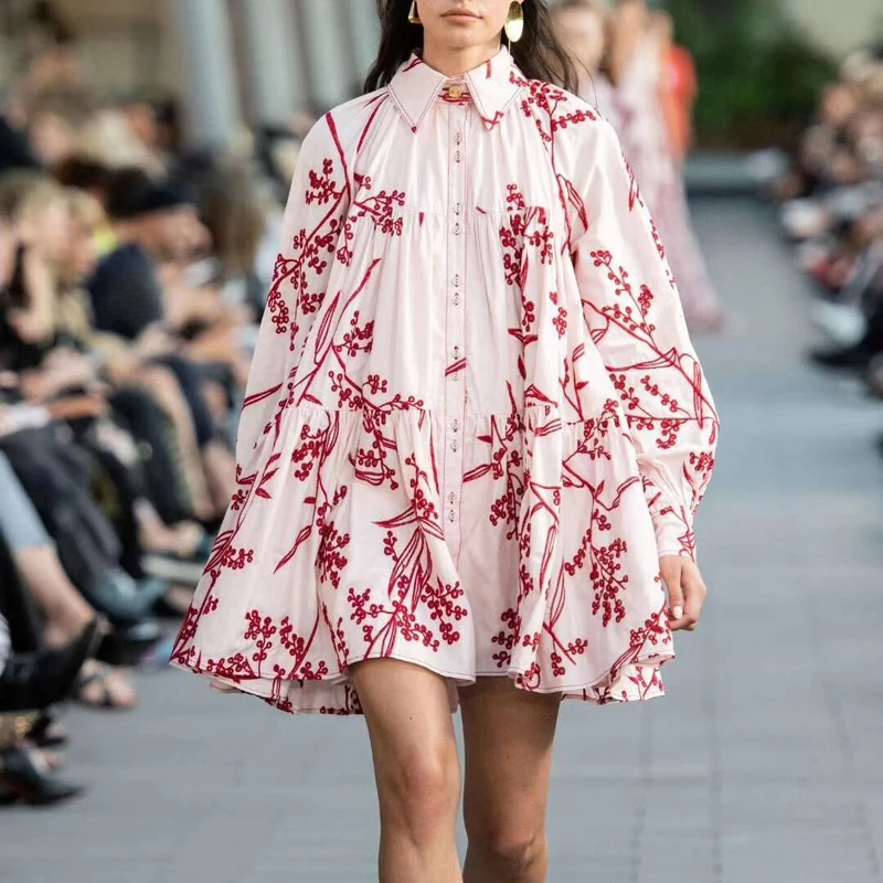 

Autumn Runway Designer Woman Loose Shirt Mini Dress Lantern Long Sleeve Embroidery Single Breasted Button Dress Vestidos