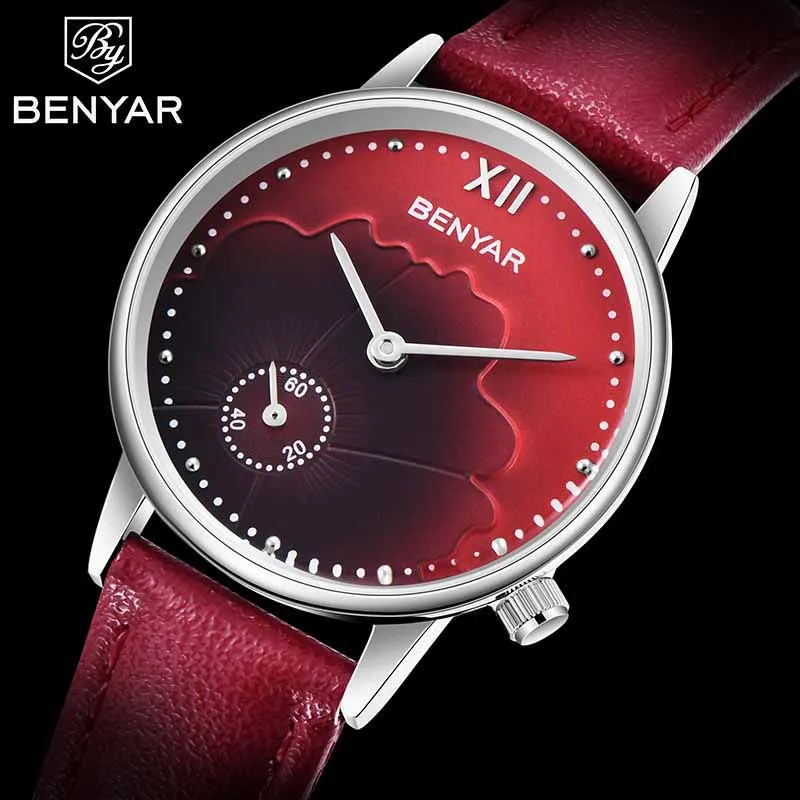 Montre Femme Benyar роскошные женские часы Кварцевые водонепроницаемые кожаные женские часы relog mujer женские часы horloge vrouw - Цвет: red silver