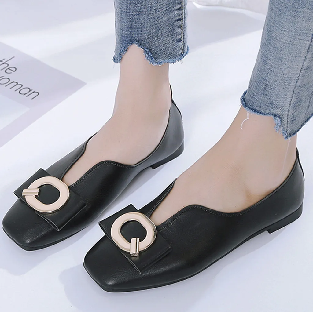 

MUQGEW metal buckle loafers women lazy shoes Fashion leather slip-on single shoes woman classics solid large size single shoes