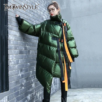 

TWOTWINSTYLE Irregular Patchwork Bandage Cotton Coats Female Stand Collar Long Sleeve Asymmetrical Women's Parkas Fashion 2020