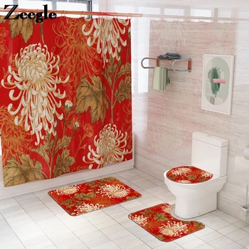 

Printing Floral Bath Mat and Shower Curtain Set Absorbent Toilet Seat Cover Mat Bathroom Floor Carpet Anti Slip Shower Foot Mat