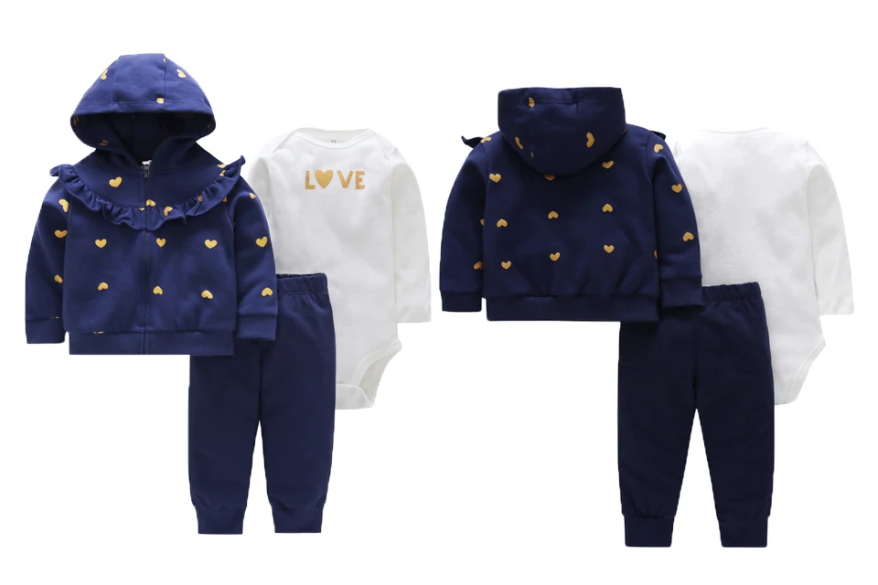 Комплект осенней одежды из 3 предметов для новорожденных и маленьких девочек, зимняя куртка с капюшоном, боди, штаны, модная одежда для маленьких мальчиков, комплект одежды для детей 0-24 месяцев