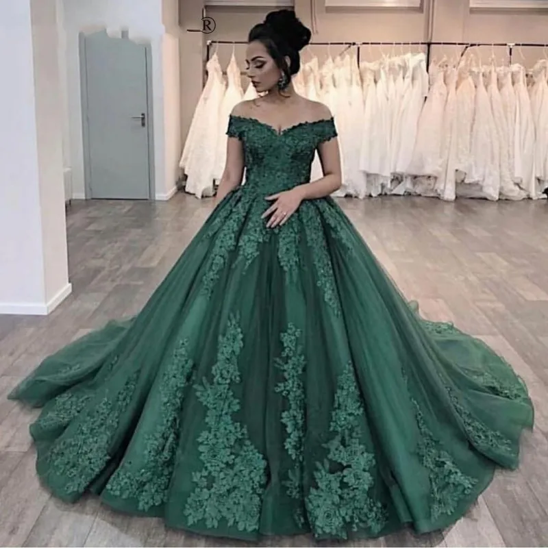 Off Shoulder Lace Green Prom Dress, Green Ball Gown, Off Shoulder Dark –  Shiny Party