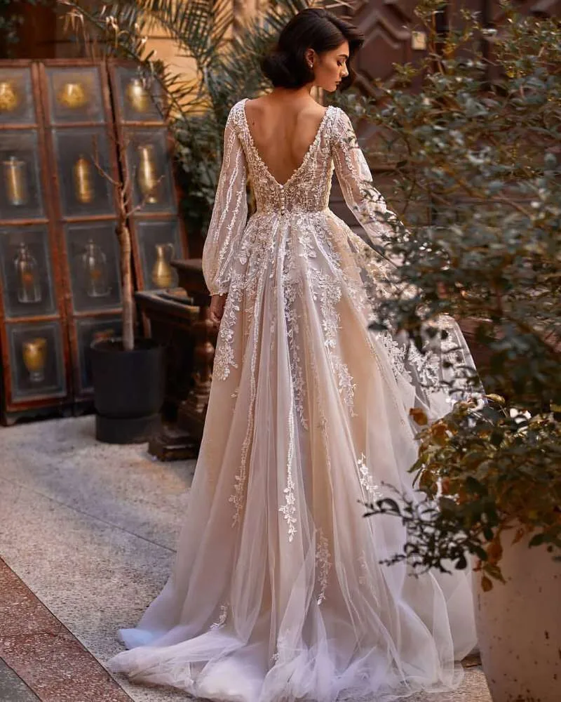 Eightree Vestido de Noiva Renda 2021 Lace Wedding Dresses Women Long Sleeve Bride Dress V Back Champagne Vintage Wedding Gowns 2
