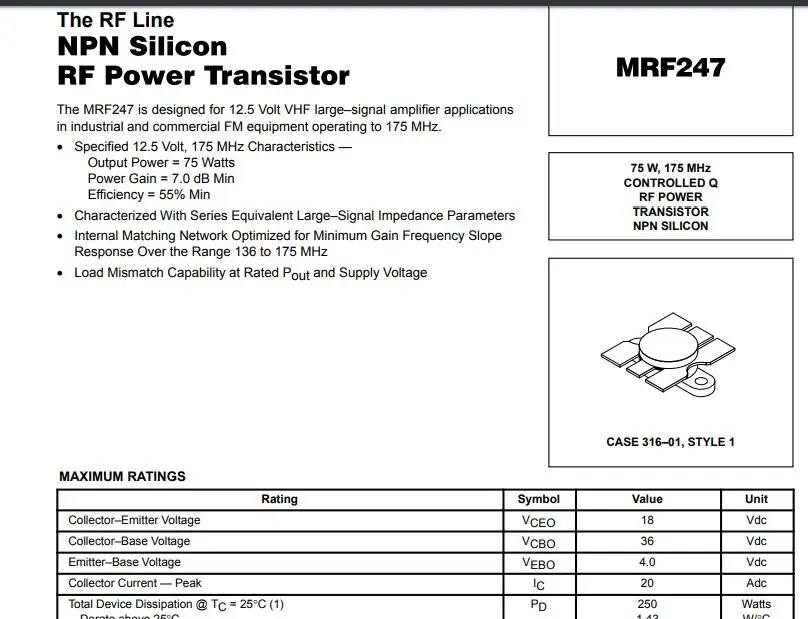 MRF 247 MRF 247 75 Вт, 175 МГц контролируемый Q RF силовой транзистор NPN кремниевый 1 шт./лот