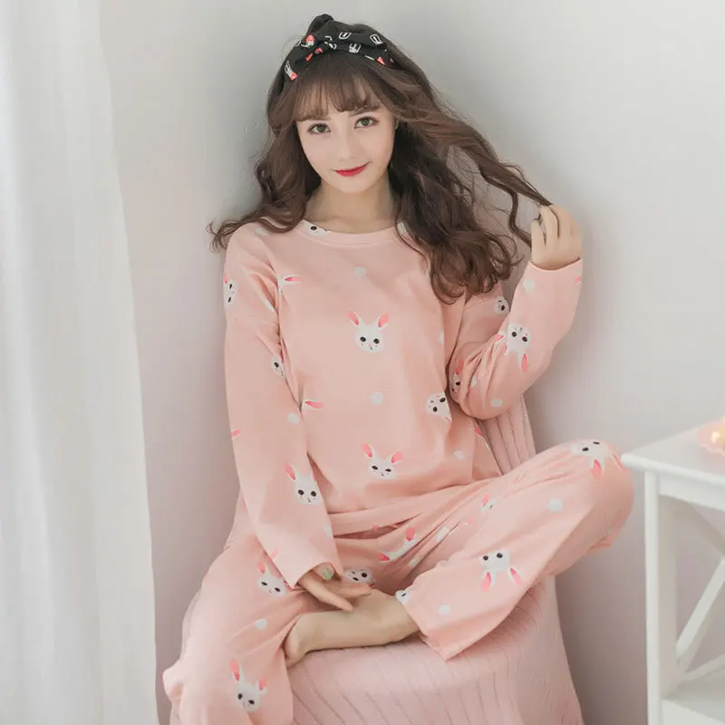 

Spring And Autumn Korean-style Pajamas Long Sleeve Cartoon Cute Knitted Cotton Leisure Suit Casual Tracksuit WOMEN'S Suit Summer