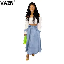 VAZN GHSF12021 дизайн распродажа длинная джинсовая юбка с ремнями женские джинсовые юбки на пуговицах Высокая талия широкая юбка деним