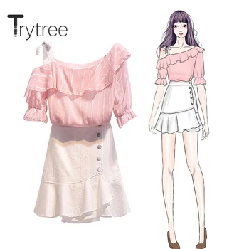 

Trytree 2020 Summer Two piece set Casual Ruffles Stripe Strapless Top + Skirt Solid Ruffles Mini Fashion Set 2 Piece Set