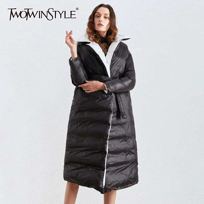 TWOTWINSTYLE женские хлопковые пальто из искусственной кожи на шнуровке с воротником с лацканами, парки с длинным рукавом, Женская мода