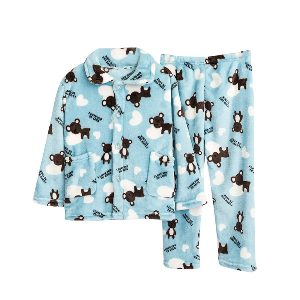 Теплые пижамные комплекты с длинными рукавами для маленьких мальчиков и девочек; детская зимняя фланелевая мягкая модная одежда для сна с рисунком для мальчиков и девочек - Цвет: Синий