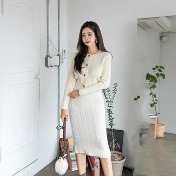 

Elegant Office Lady Sweater Set Buttons Knit Cardigan Top + High Waist Midi Knitted Skirt Slim 2 Piece Outfits for Women TA2893
