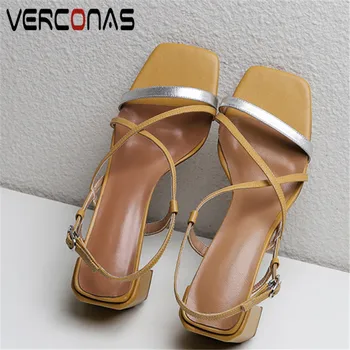 

VERCONAS 2020 Brand Design Woman Sandals Woman Pumps Genuine Leather Summer Casual Square Toe Strange High Heels Shoes Woman