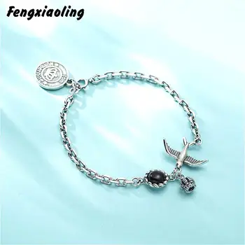 

Fengxiaoling Real 925 Sterling Silver Bracelet For Women Retro Style Black Agate Little Bird Crown Charm Bracelets Jewelry