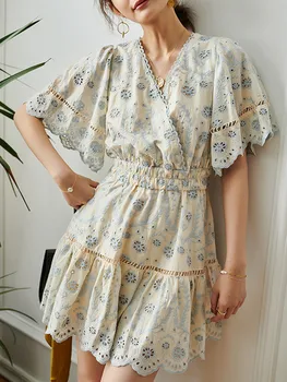 

2020 New Summer V-neck Women Mini Dress Hollow embroideried Slim Waist short-sleeved ladies sundress Flare Sleeve dresses