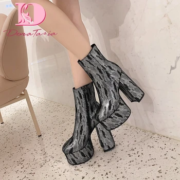

Dora Tasia 2020 New Fashion Large Size 43 Bling Women Boots Round Toe Platform Square Heels Pumps Spring/Autumn Women Shoes