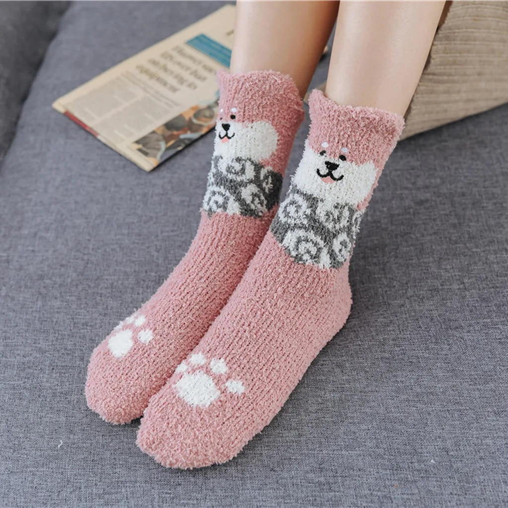 Женская мода, симпатичная кошачья лапа, коралловые утолщенные хлопковые носки средней длины, бархатные теплые домашние носки-тапочки для сна
