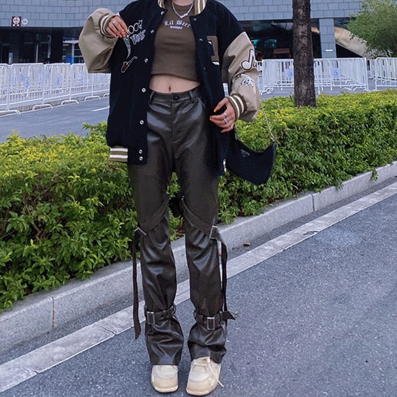 

Dourbesty Women's Y2k PU Leather Straight-Leg Pants Solid Color High Waist Belt Buckle Trousers Motorcycle Capris Streetwear