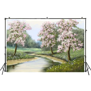 

HUAYI oil painting spring senery photogarphy backdrop Park Natural Scenery Grass Pathway decorations wedding background w-4159