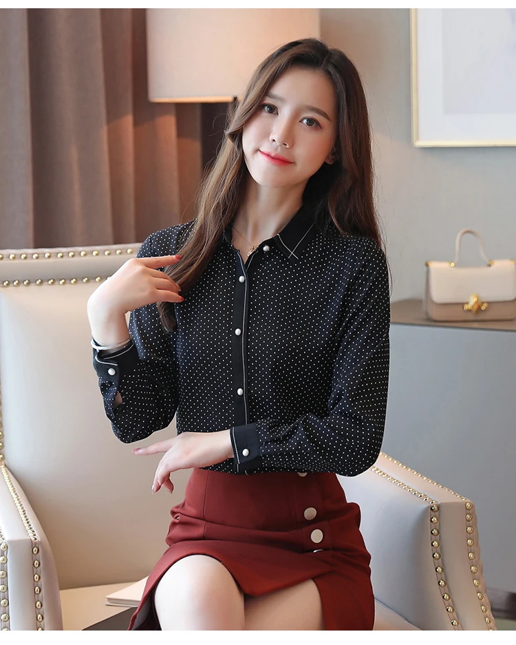 Blusas femininas рубашка женские топы белая шифоновая блузка и черная блузка на пуговицах с длинным рукавом в горошек шифоновая блузка OL Топы 0252
