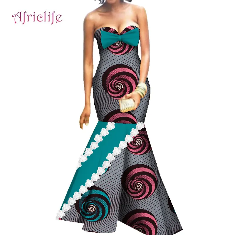 Custom Plus Size Clothing African Bazin Fabric Strapless Sleeveless Wedding Party Dresses WY4835