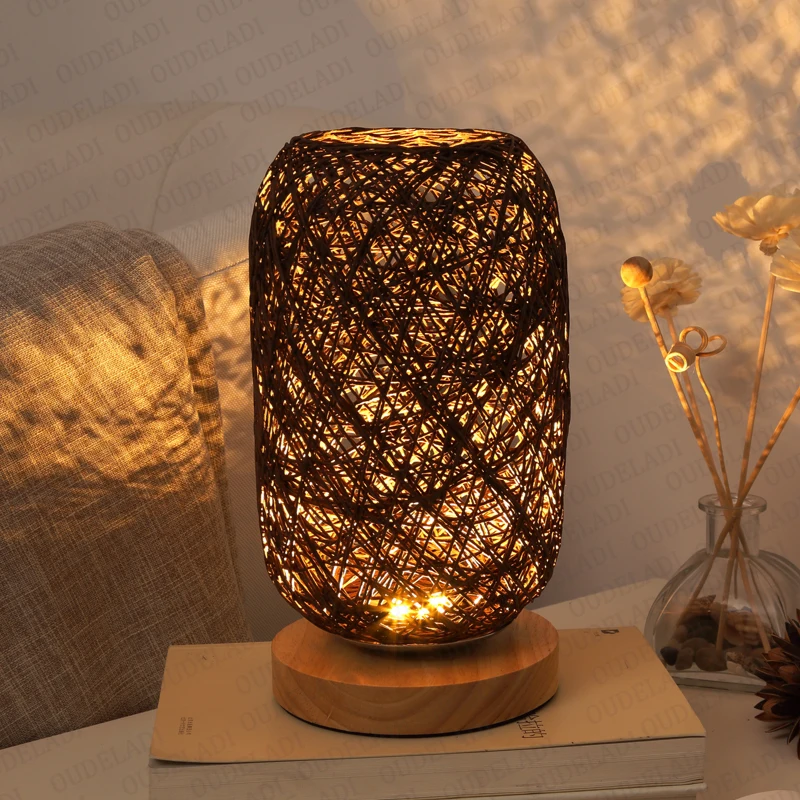 Billig Holz Rattan Schnur Ball Lichter Tisch Lampe Zimmer Home Art Decor Schreibtisch Licht
