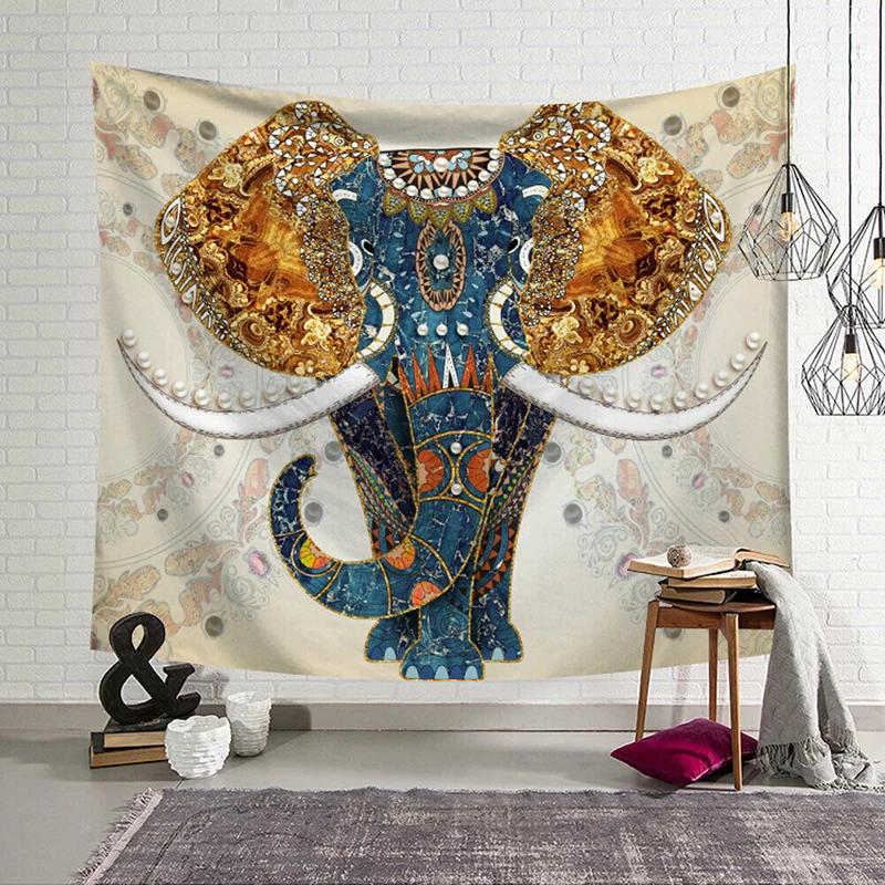 

1pc Indian Elephant Tapestry Aubusson Colored Printed Decor Mandala Religious Boho Wall Carpet Bohemian Beach Blanket 95x73cm