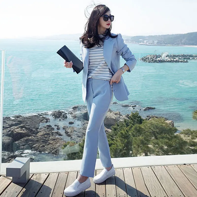 

Female Pant Suits Autumn New Suits Female Korean Version Office Lady Loose Students Suits Tide 2pieces Sets Women Blue Suits