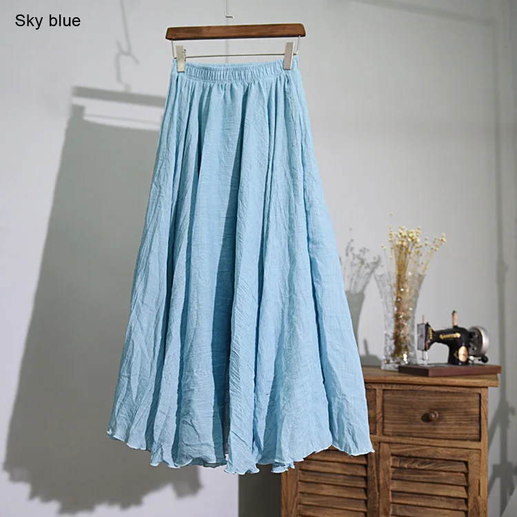 Sky blue Для женщин элегантные Высокая Талия льняная длинная юбка летние женские Повседневное с эластичной резинкой на талии, 2 слоя юбки saia feminina 20 Цвета SK53 - Цвет: Sky blue