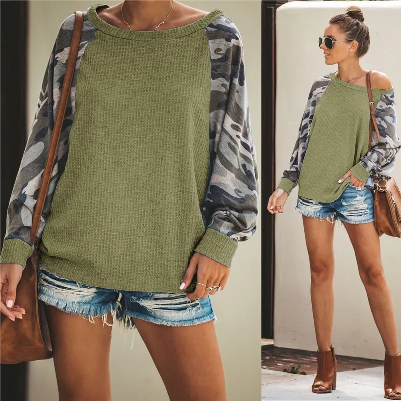 

2019 Autumn Winter Long Sleeve Camouflage Pullover Knited Hoodies Top Women Casual Loose O Neck Sweatershirt Female Streetwear