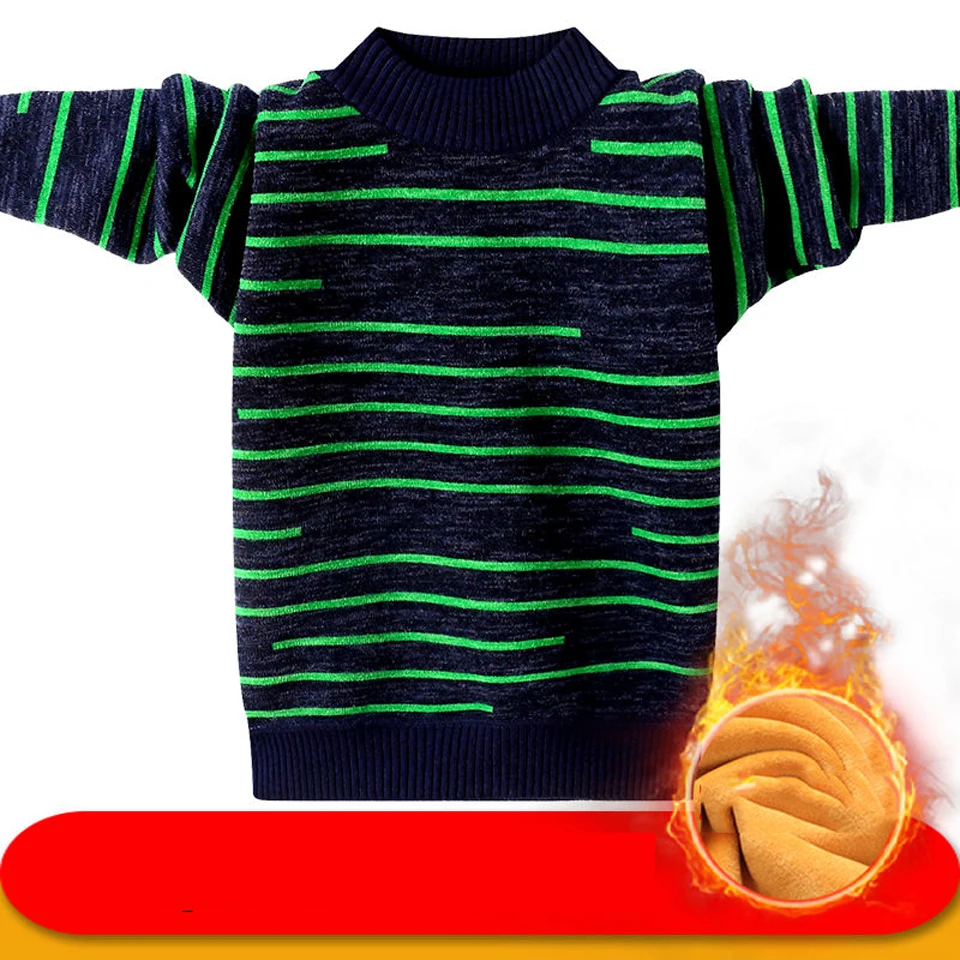 

Teenager Boys Sweater Christmas Kids Winter Warm Thicken Fleece Cotton Knitted Pullover Children Casual Stripe Sweaters